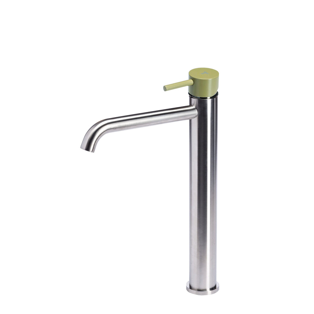 Rubinetto miscelatore Lavabo Alto senza scarico  in acciaio inox Finitura Spazzolata con Maniglia colore Ulivo Tubico Colorado
