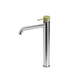 Rubinetto miscelatore Lavabo Alto senza scarico  in acciaio inox Finitura Spazzolata con Maniglia colore Ulivo Tubico Colorado