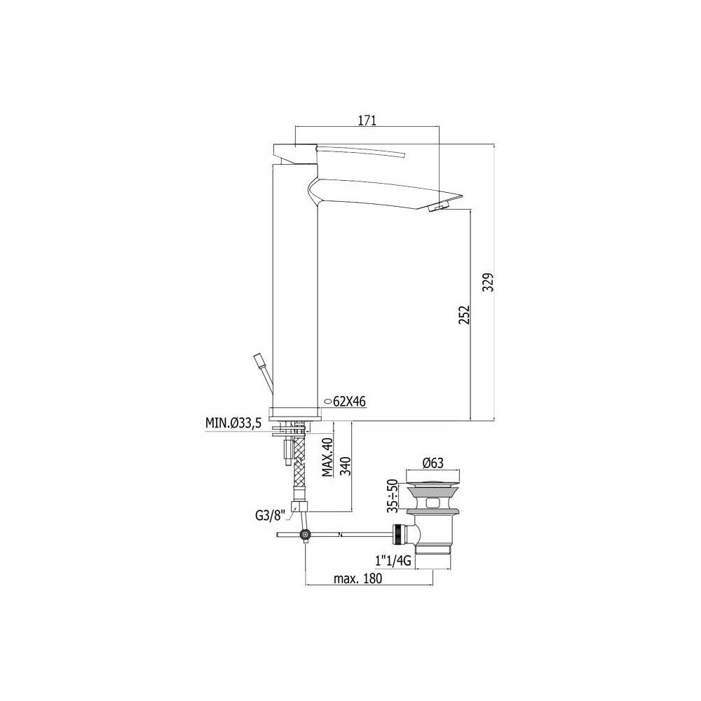 Miscelatore lavabo prolungato con scarico serie Berry modello BR085CR cromato Paffoni