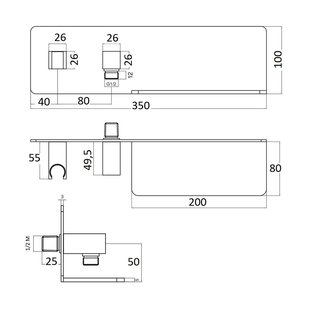 Mensola presa acqua con supporto doccia fisso in ottone