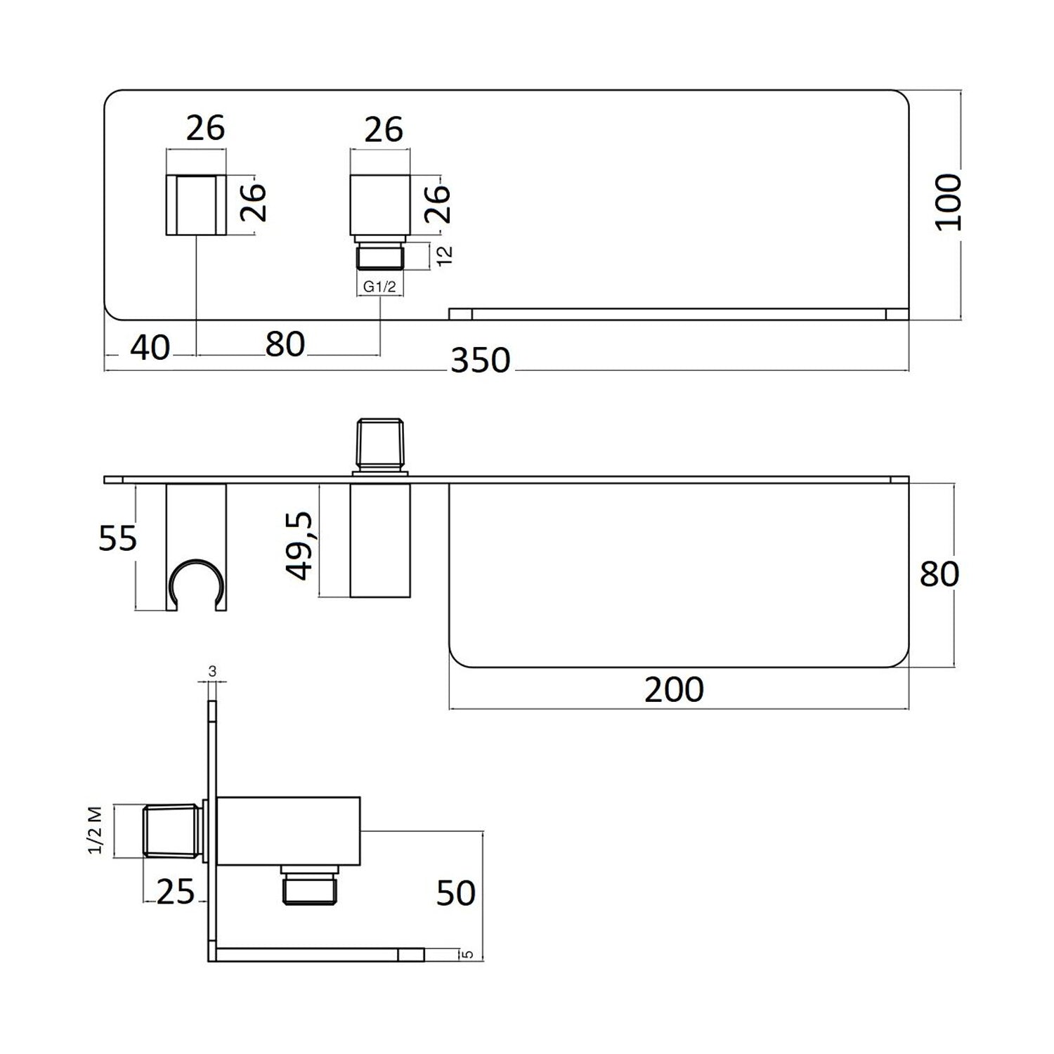 Mensola presa acqua con supporto doccia fisso in ottone