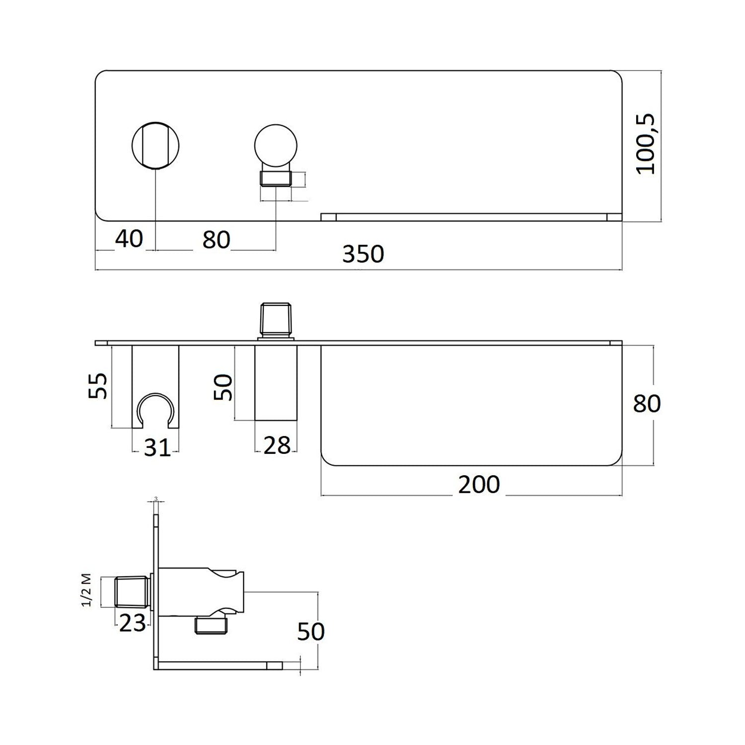 Mensola presa acqua con supporto doccia fisso tondo in ottone