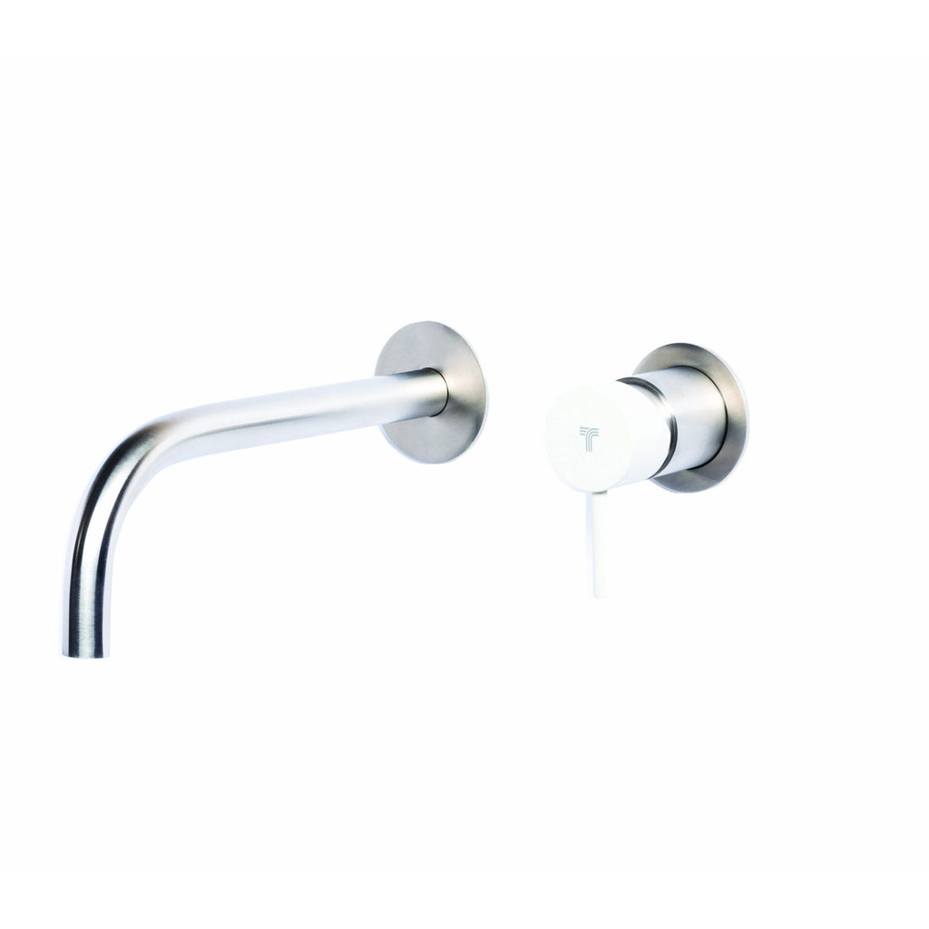 Rubinetto miscelatore Lavabo a Parete con canna di erogazione da 20 cm in acciaio inox Finitura Spazzolata con Maniglia colore Perla Tubico Colorado