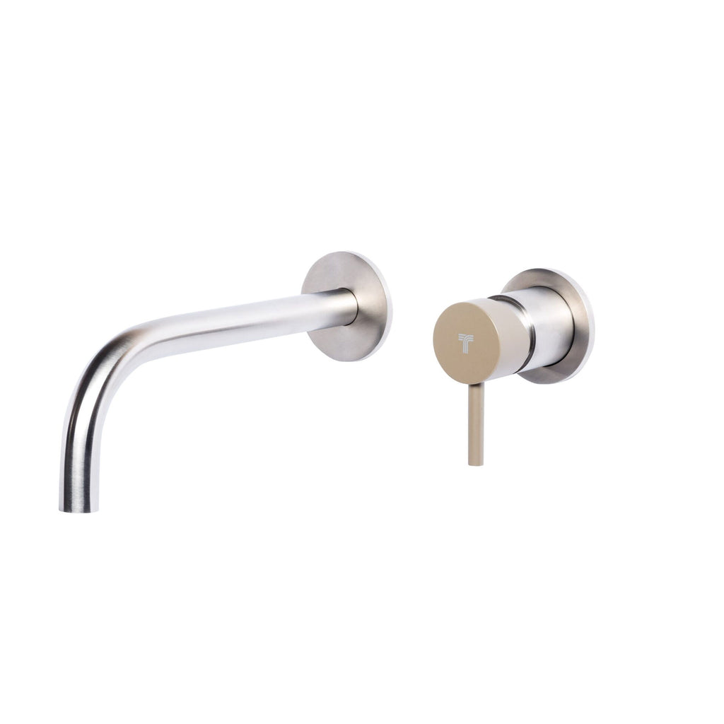 Rubinetto miscelatore Lavabo a Parete con canna di erogazione da 20 cm in acciaio inox Finitura Spazzolata con Maniglia colore Deserto Tubico Colorado