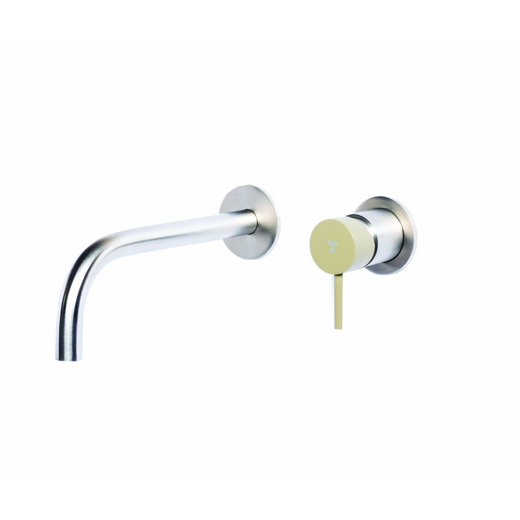 Rubinetto miscelatore Lavabo a Parete con canna di erogazione da 20 cm in acciaio inox Finitura Spazzolata con Maniglia colore Ulivo Tubico Colorado
