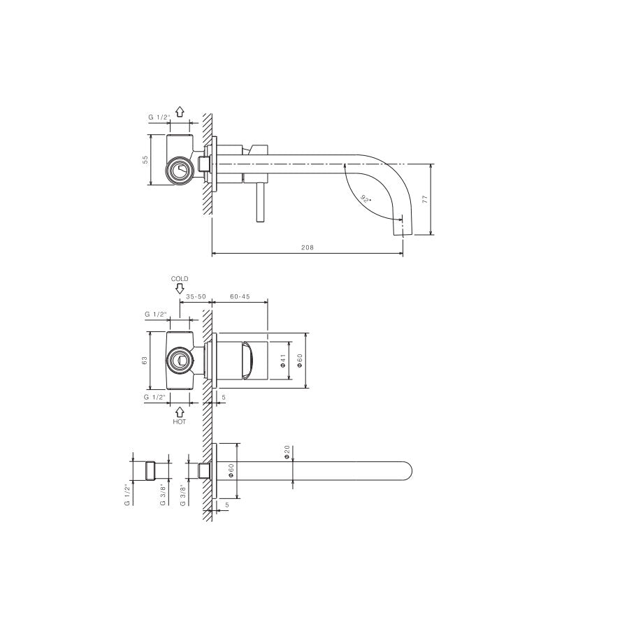Rubinetto miscelatore Lavabo a Parete con canna di erogazione da 20 cm in acciaio inox Finitura Spazzolata con Maniglia colore Carbone Tubico Colorado