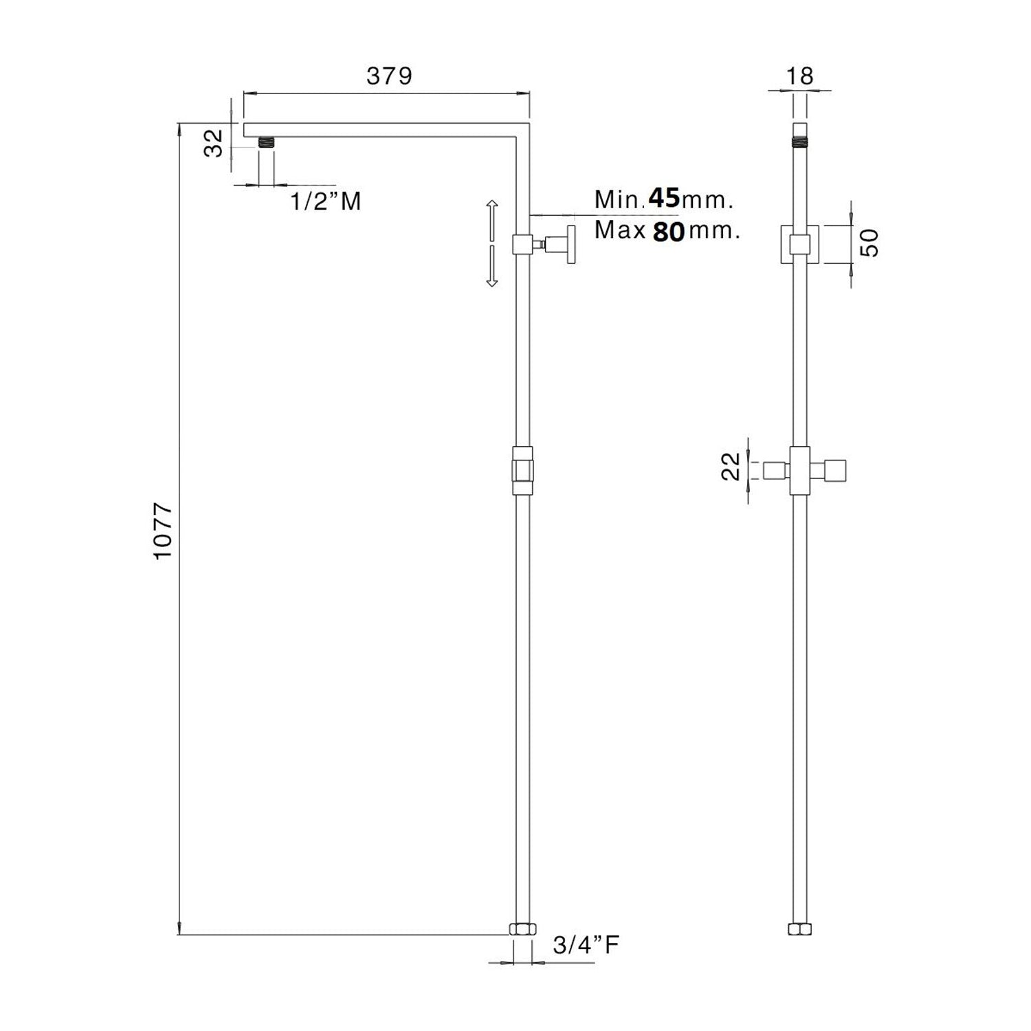 Colonna doccia quadra in ottone con supporto regolabile e attacco 3/4"F