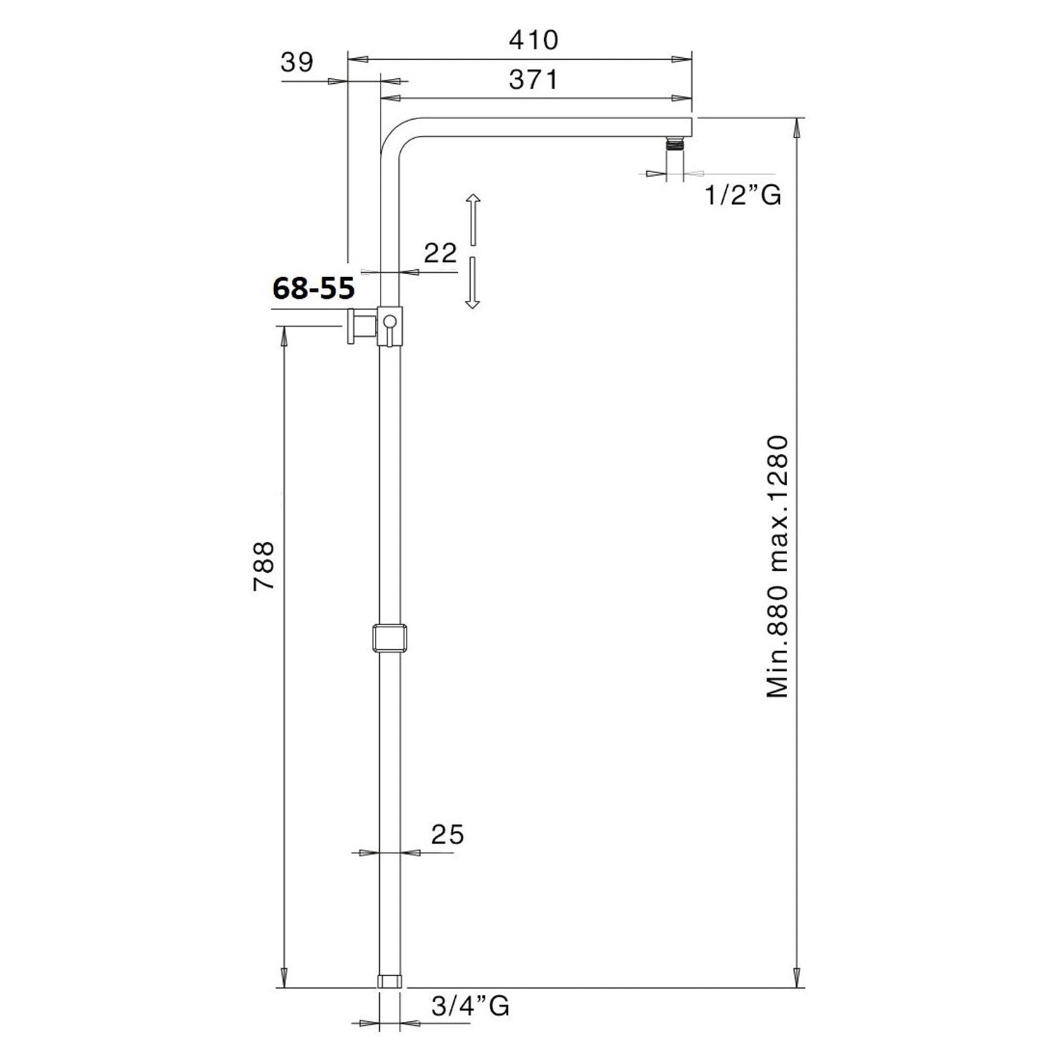 Colonna doccia quadra 25mm con supporto regolabile e attacco 3/4"F