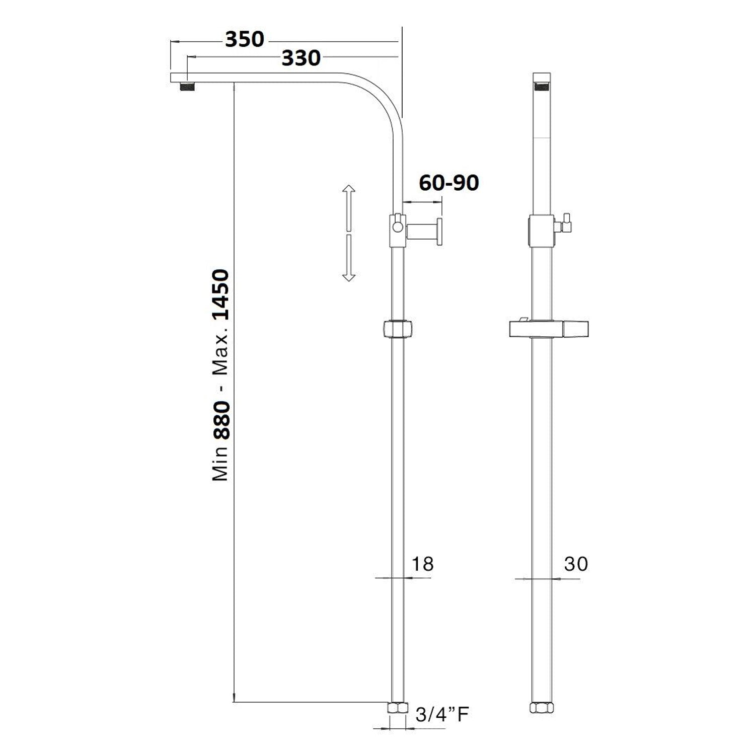 Colonna doccia rettangolare 30x18mm in ottone con supporto e attacco 3/4F