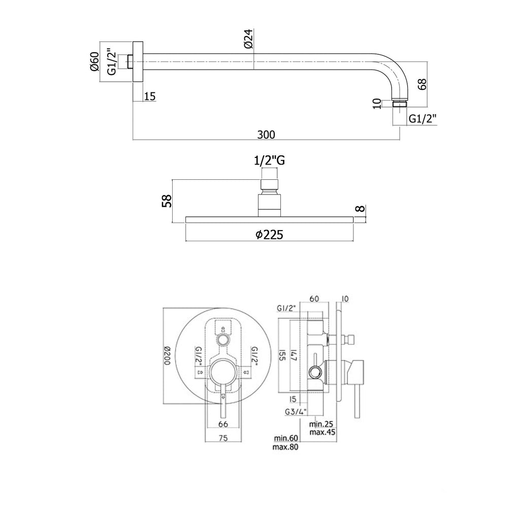 Composizione doccia Stick con soffione tondo
