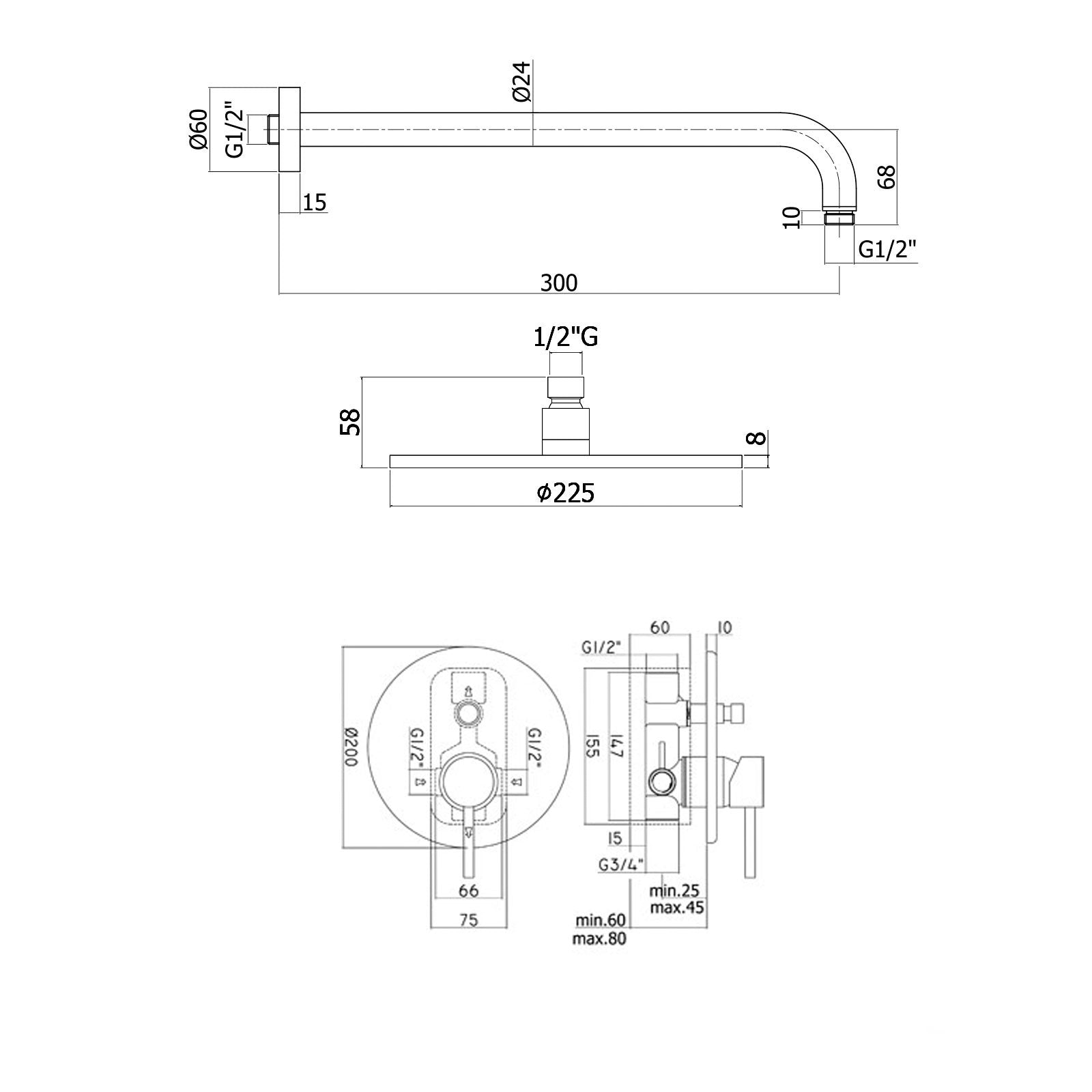 Composizione doccia Stick con soffione tondo
