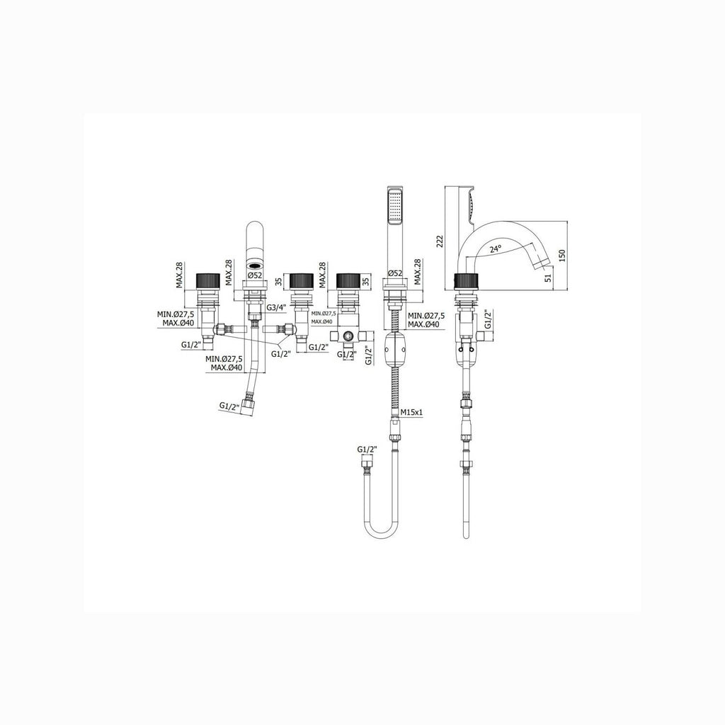 Batteria bordo vasca 5 fori serie JO codice JO044CR Cromo Paffoni