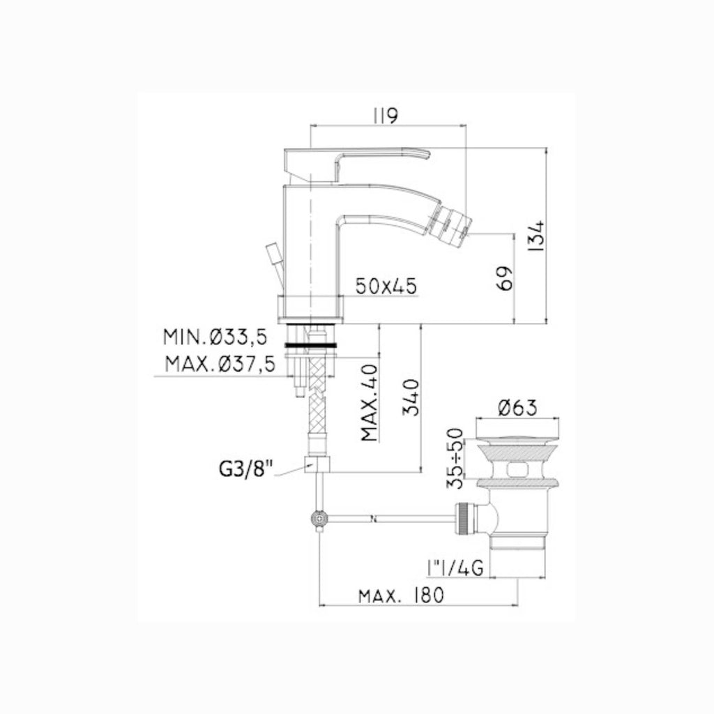 Miscelatore bidet con scarico clic-clac serie Level codice LES131KCR Cromo Paffoni