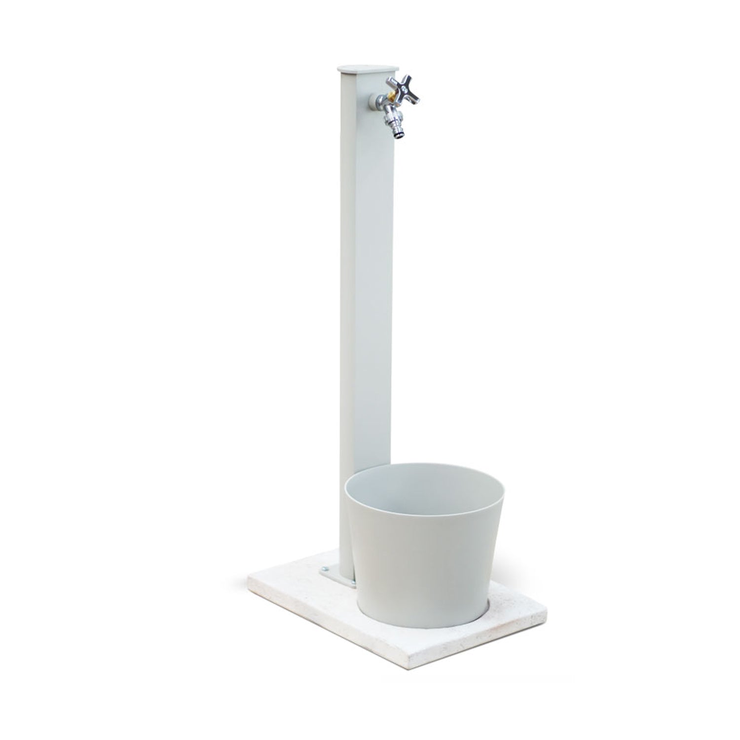 Base in travertino con secchio in alluminio verniciato bianco e piletta per fontane Fasten-Frog-Newest-Bridge-Connect