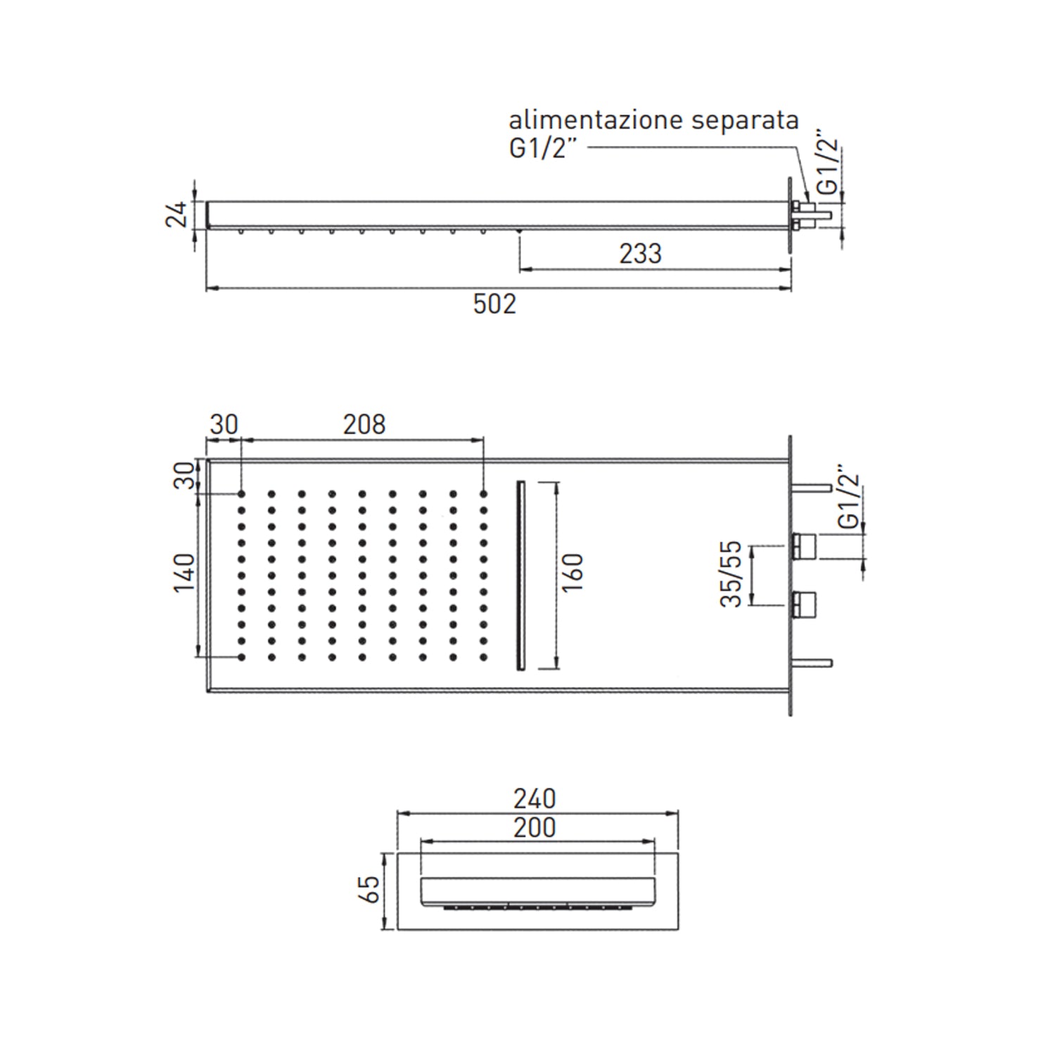 Kit doccia completo in acciaio inox cromato con soffione rettangolare pioggia e cascata Keller Taps