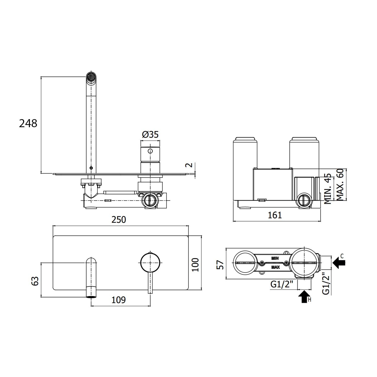 Miscelatore lavabo incasso con piastra in acciaio e bocca a muro 248 mm Paffoni Light Nero Opaco