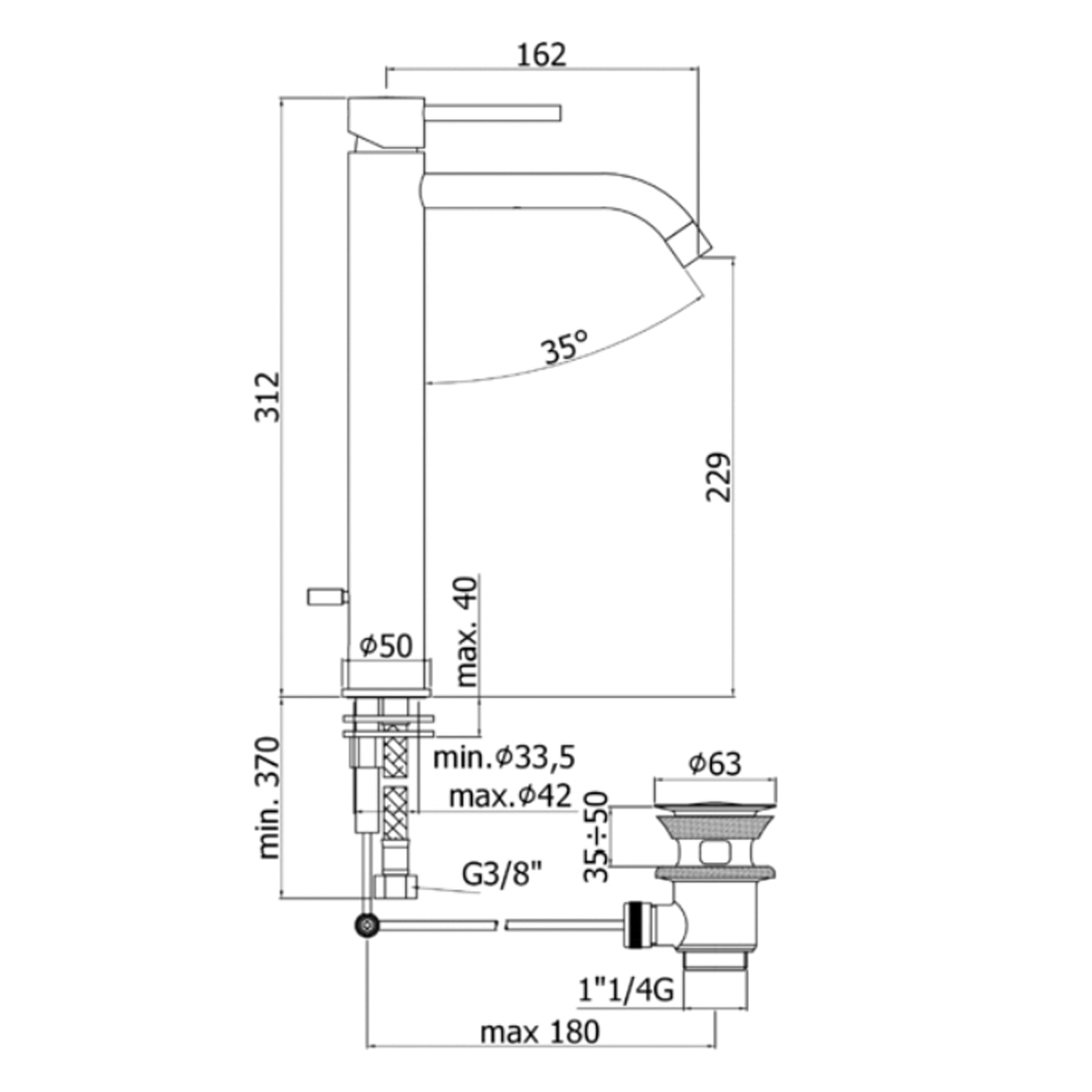 Miscelatore lavabo prolungato Paffoni Light con scarico automatico - Nero Opaco