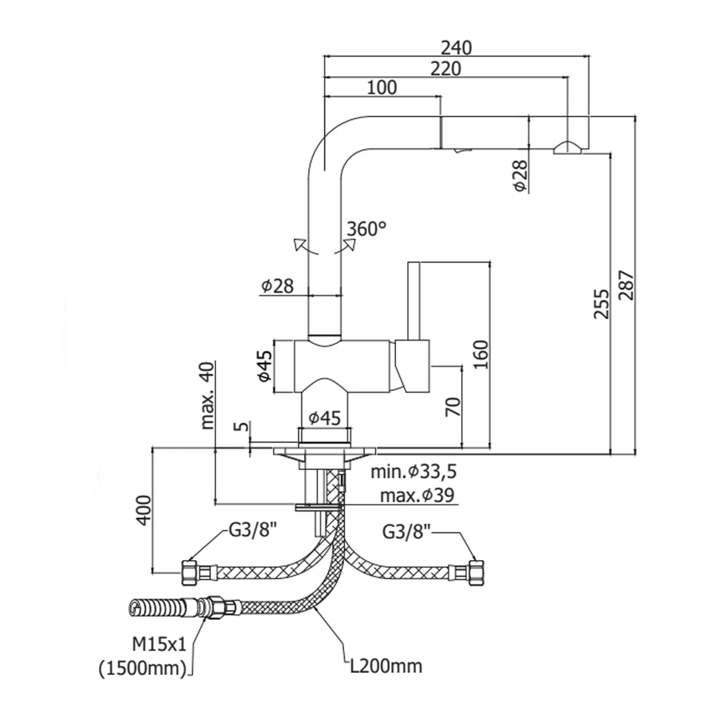Miscelatore lavello con canna orientabile e doccia estraibile Paffoni Light Exclusive Edition in ottone Steel Looking
