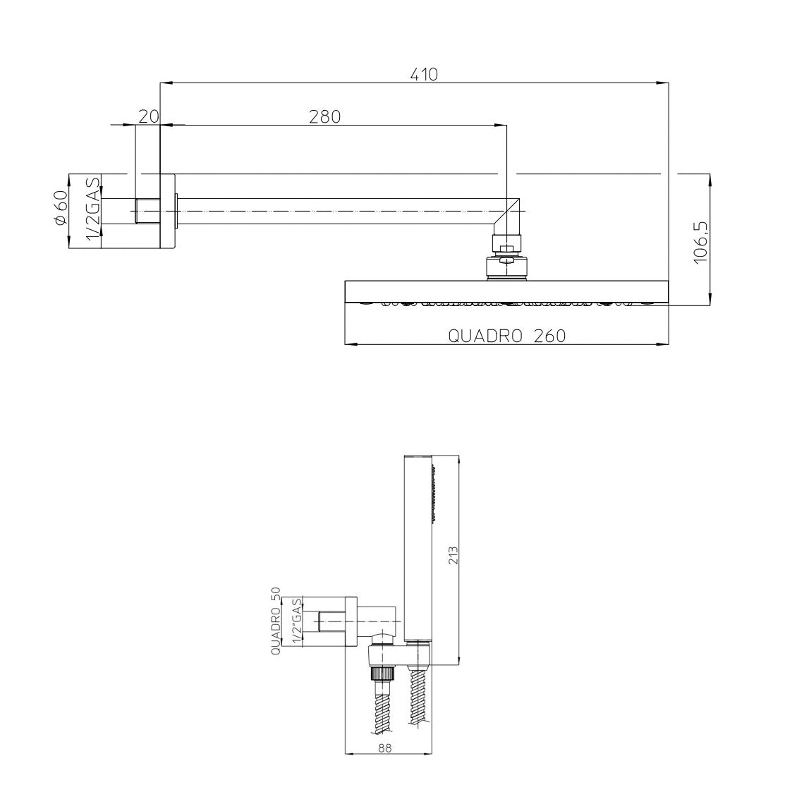 Composizione doccia Bossini con soffione quadrato 26X26