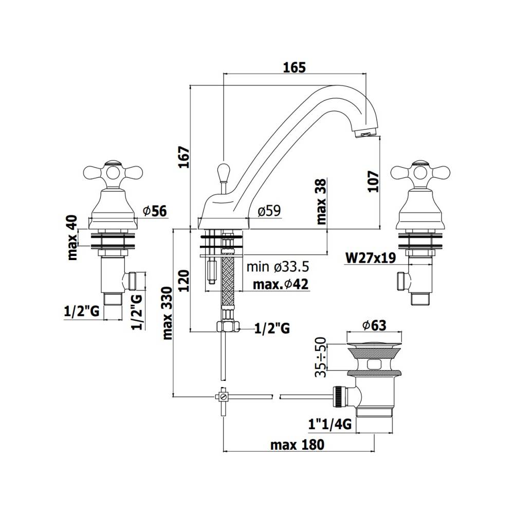 Batteria lavabo con scarico seri Iris modello IRV055CO cromato oro Paffoni