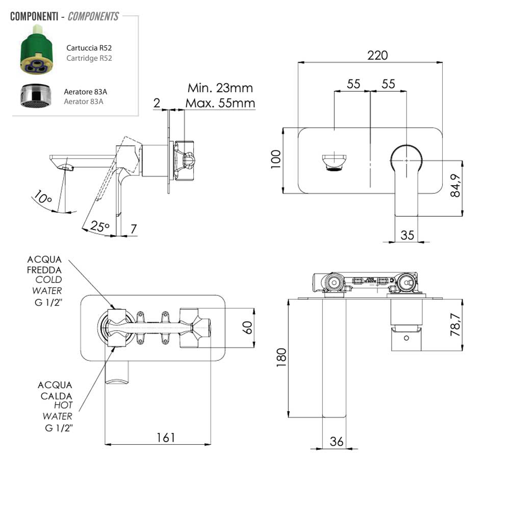Set di miscelatori Lavabo incasso con bocca da 18 cm e Bidet senza scarico finitura cromata collezione Energy di Remer Rubinetterie