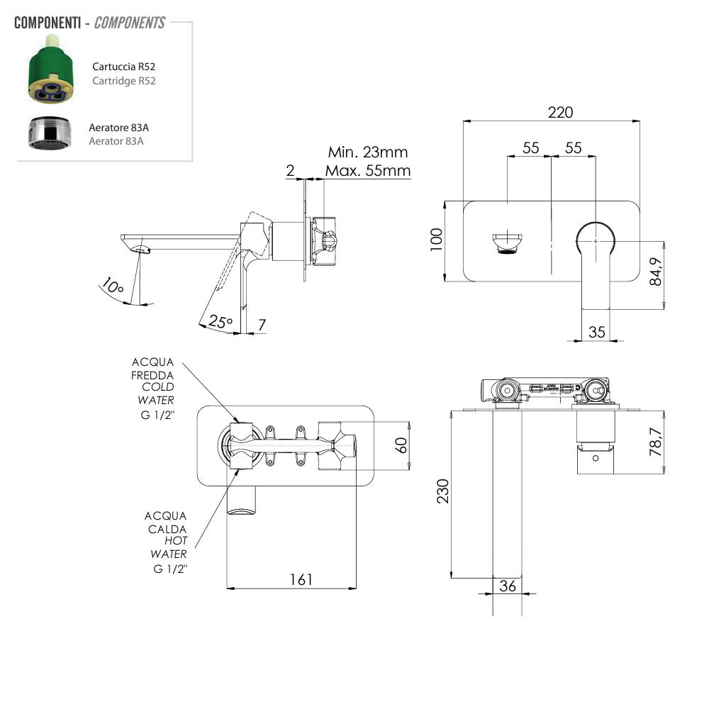 Set di miscelatori Lavabo incasso con bocca da 23 cm e Bidet senza scarico finitura cromata collezione Energy di Remer Rubinetterie