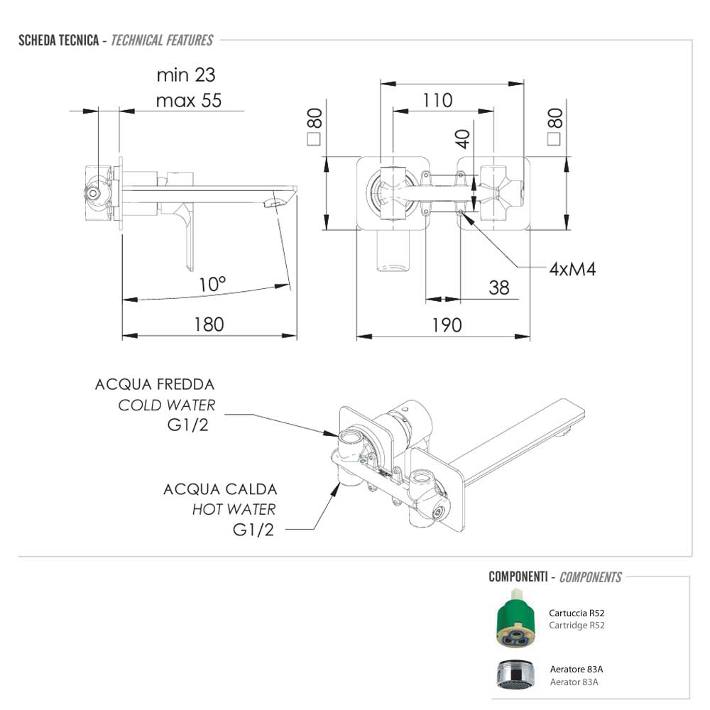 Miscelatore Monocomando Lavabo da incasso con bocca da 18 cm cromato senza scarico collezione Energy di Remer Rubinetterie
