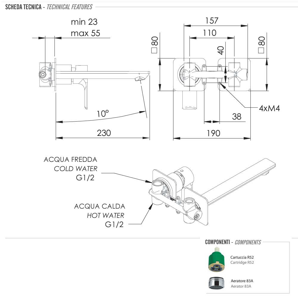 Miscelatore Monocomando Lavabo da incasso con bocca da 23 cm cromato senza scarico collezione Energy di Remer Rubinetterie