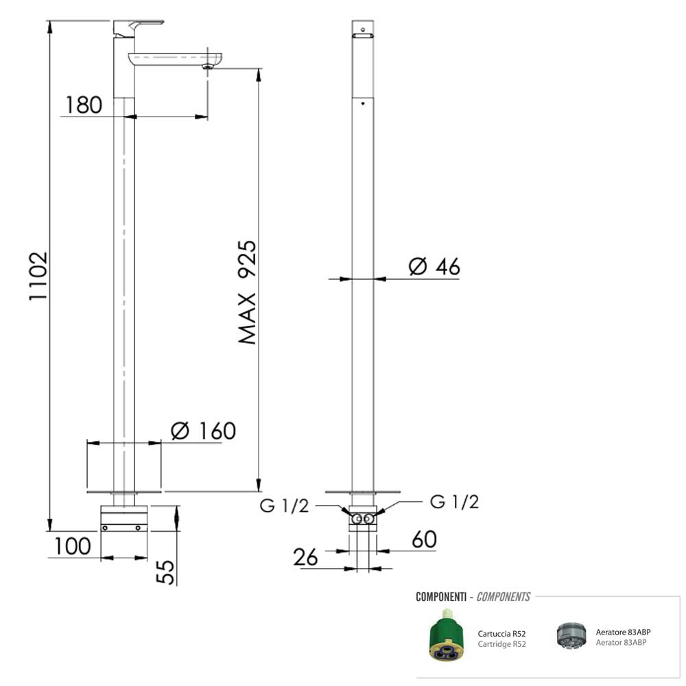 Miscelatore Monocomando Lavabo da Terra cromato con scarico collezione Energy di Remer Rubinetterie