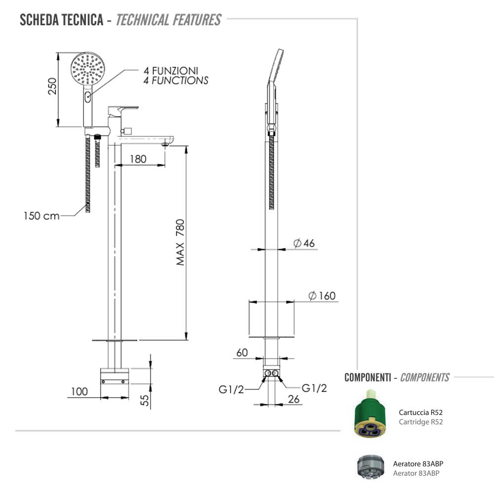 Miscelatore bordo vasca da pavimento con set doccia cromato collezione Energy di Remer Rubinetterie