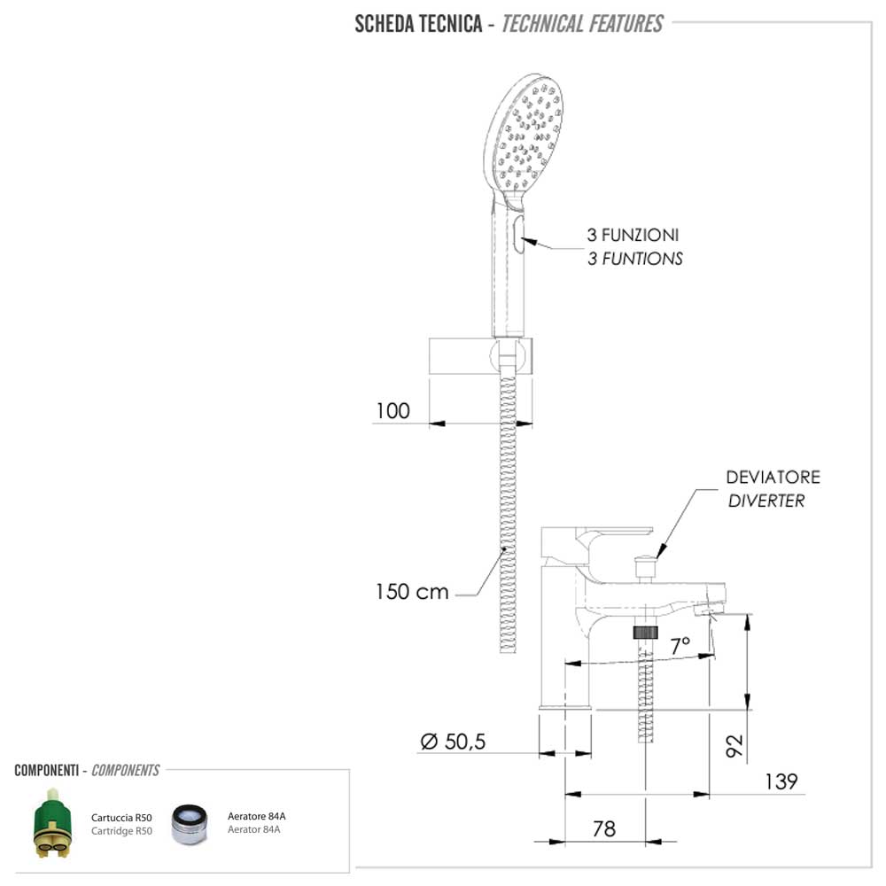 Miscelatore Monocomando Lavabo/Vasca con set doccia e deviatore integrato collezione Energy di Remer Rubinetterie