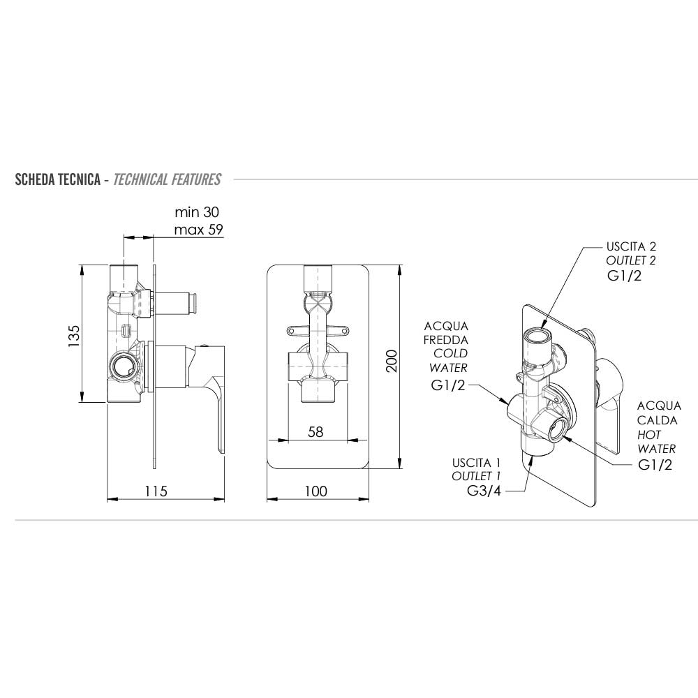 Miscelatore Monocomando doccia con Deviatore completo di corpo incasso e piastra lusso rettangolare collezione Energy di Remer Rubinetterie