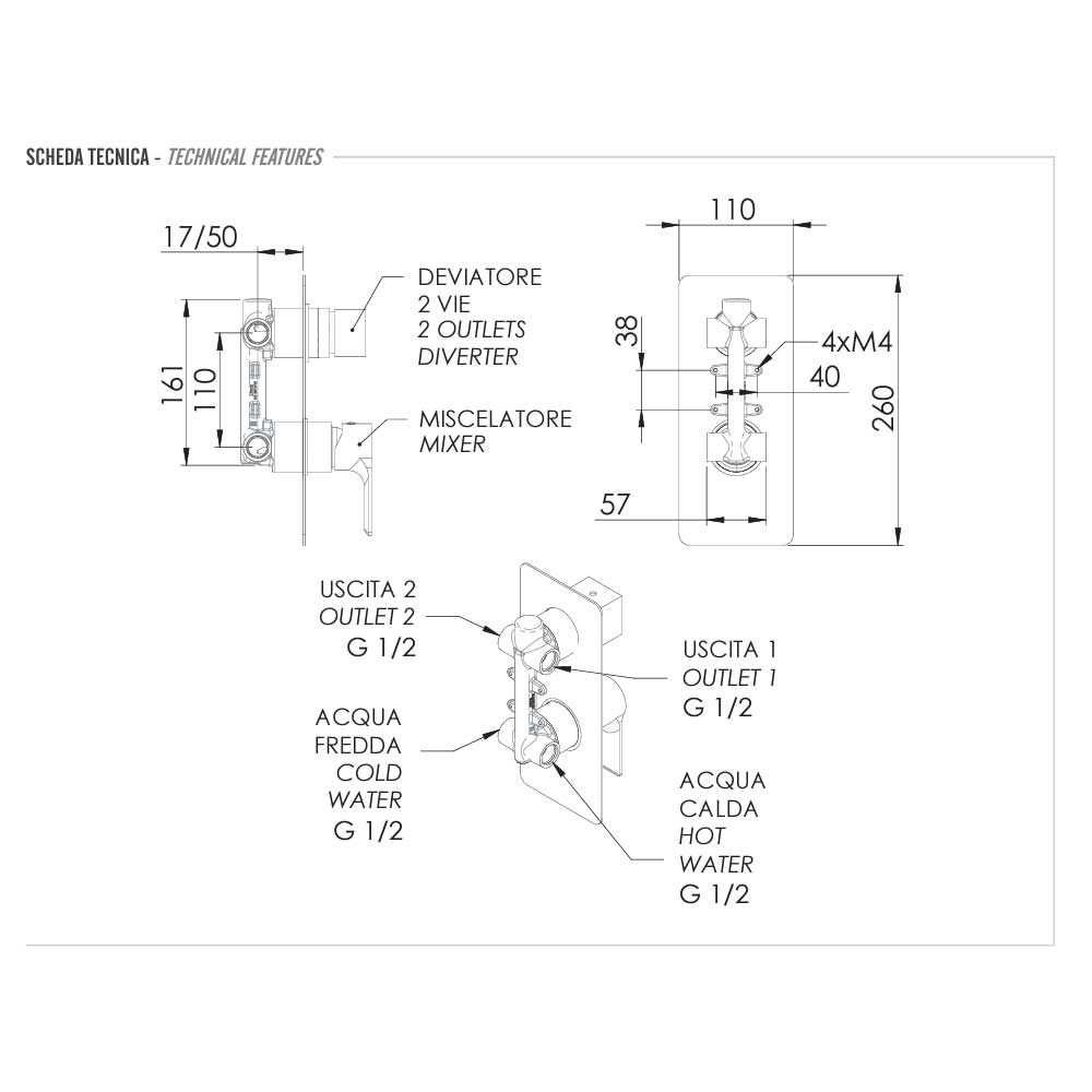 Miscelatore Monocomando doccia con Deviatore a 2 Vie completo di corpo incasso e piastra lusso rettangolare collezione Energy di Remer Rubinetterie