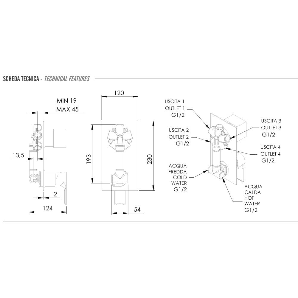 Miscelatore Monocomando doccia con Deviatore a 4 Vie completo di corpo incasso e piastra lusso rettangolare collezione Energy di Remer Rubinetterie