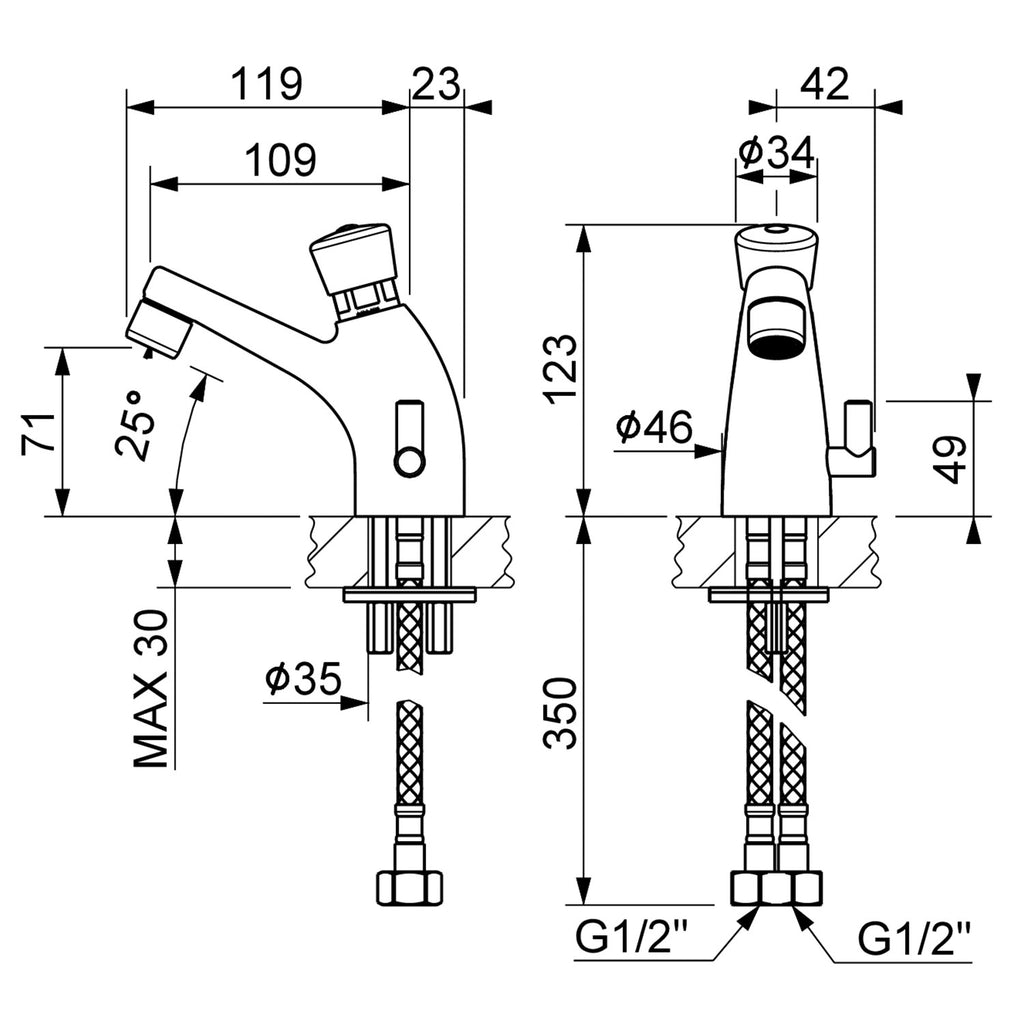 Miscelatore lavabo temporizzato con durata preregolata di MCM con flessibili
