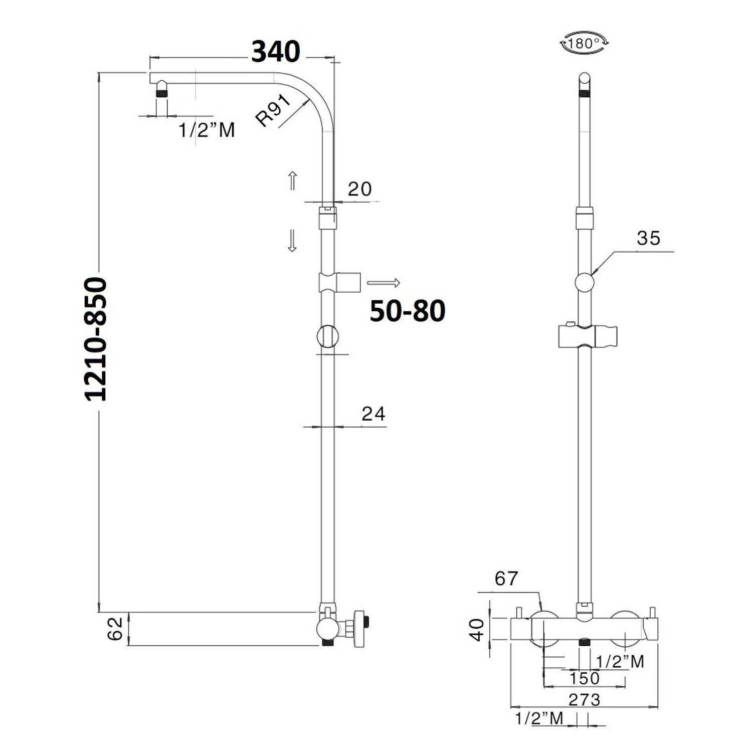 Colonna doccia regolabile e orientabile con termostatico TM3C 85-121cm