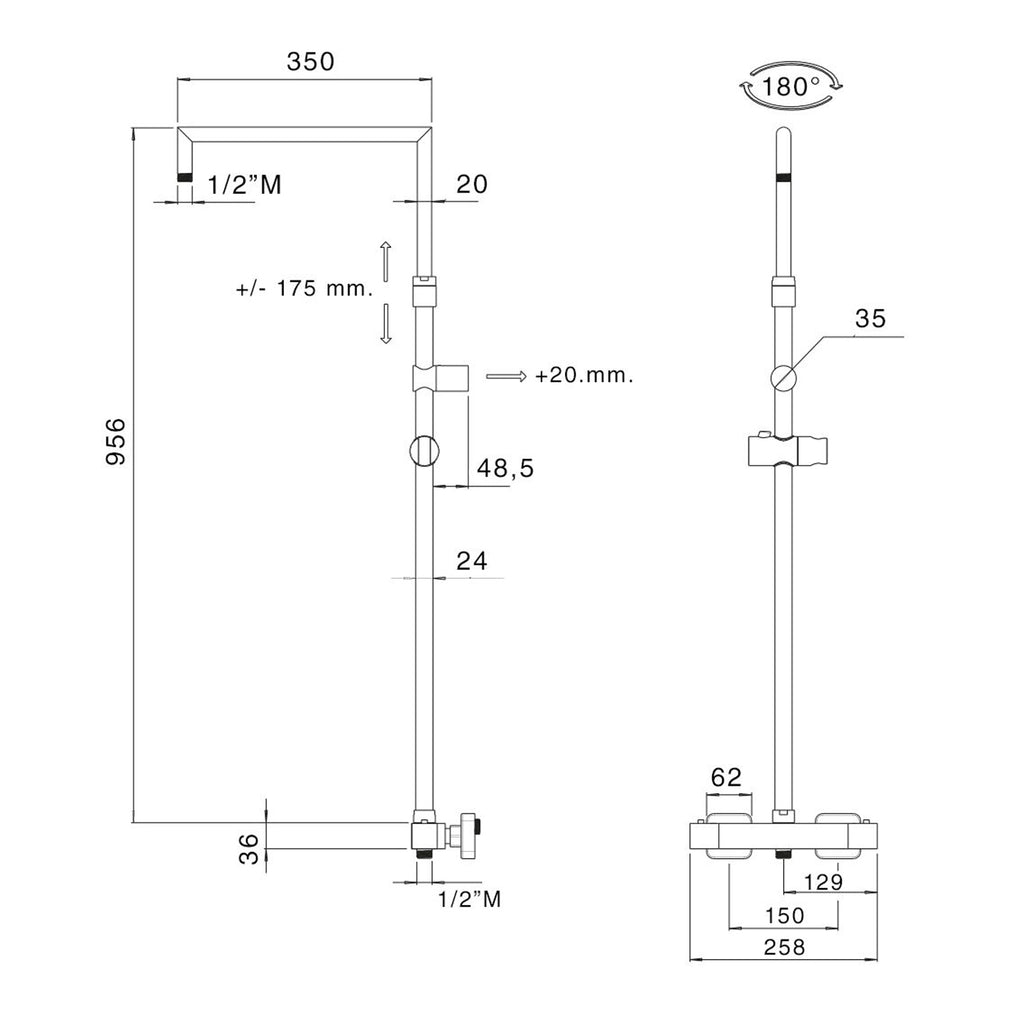 Colonna doccia squadrata regolabile con soffione quadro termostatico TM3C