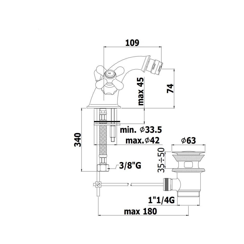 Rubinetto monoforo bidet con scarico serie Iris modello IRV125CO cromato oro Paffoni