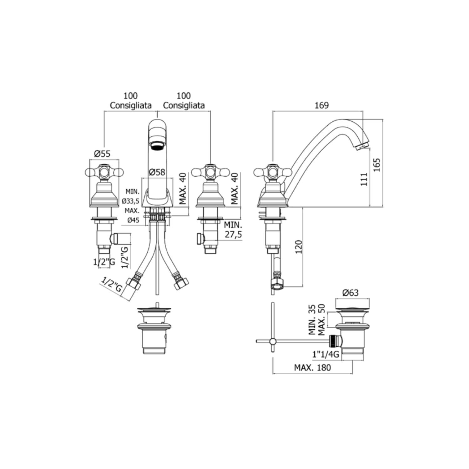 Batteria lavabo a 3 fori con scarico automatico Paffoni serie Viola - Cromo/Gold finish
