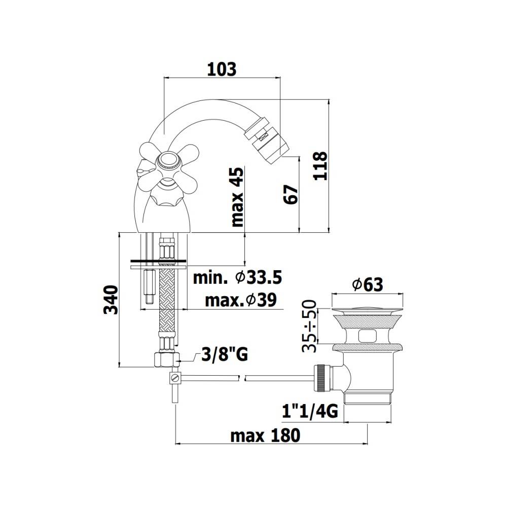 Rubinetto bidet canna girevole 2 maniglie serie Iris modello IRV137CO cromato oro Paffoni