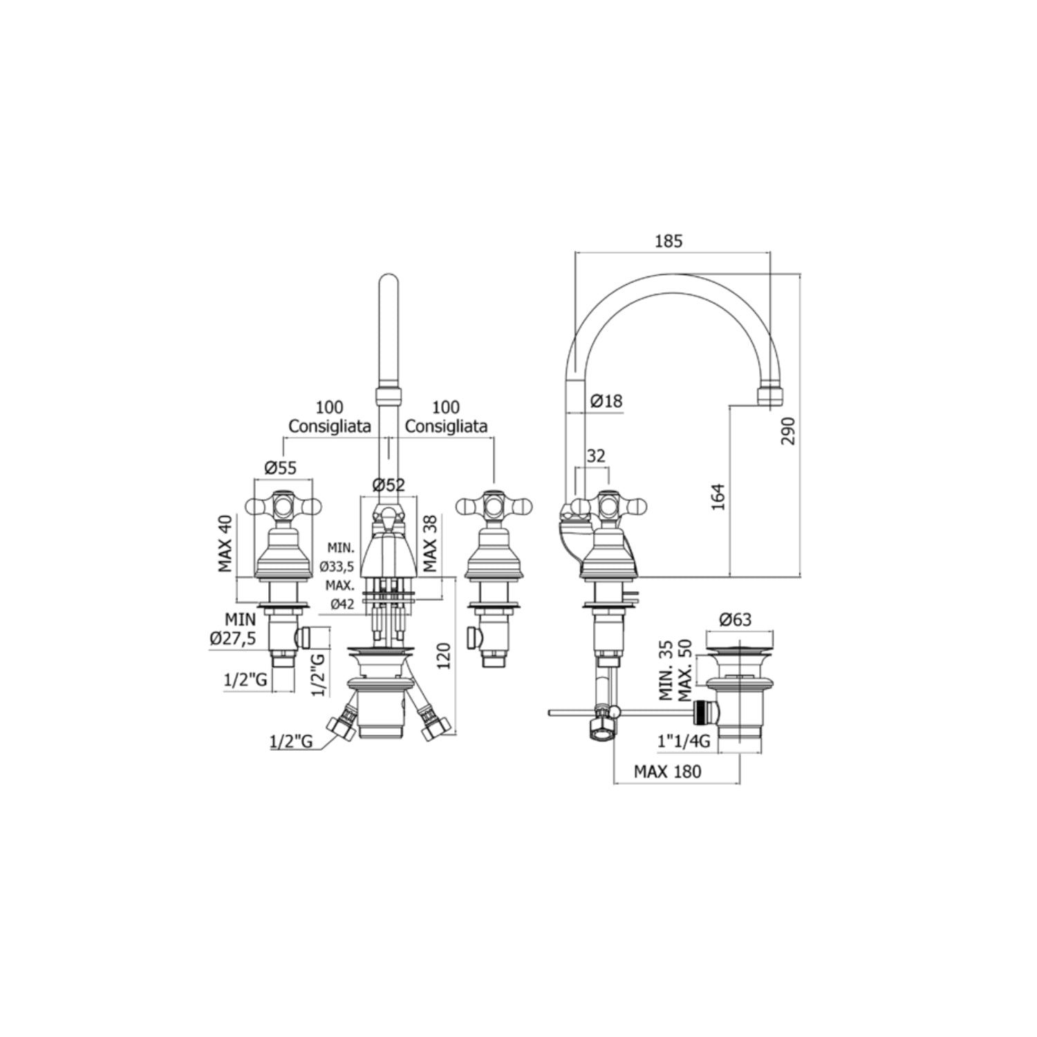Batteria lavabo a 3 fori con canna orientabile Paffoni serie Viola - Cromo/Golf finish