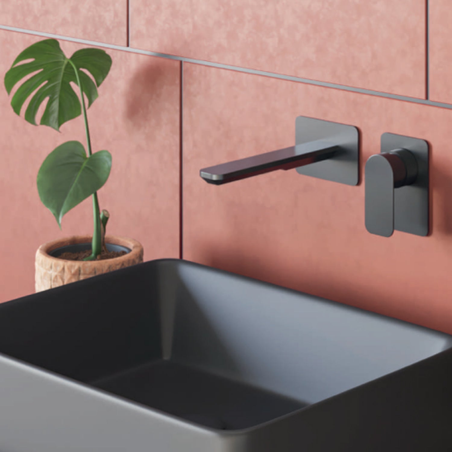 Miscelatore monocomando lavabo murale RubiFlux serie Azzurro canna 20 cm - Nero Opaco