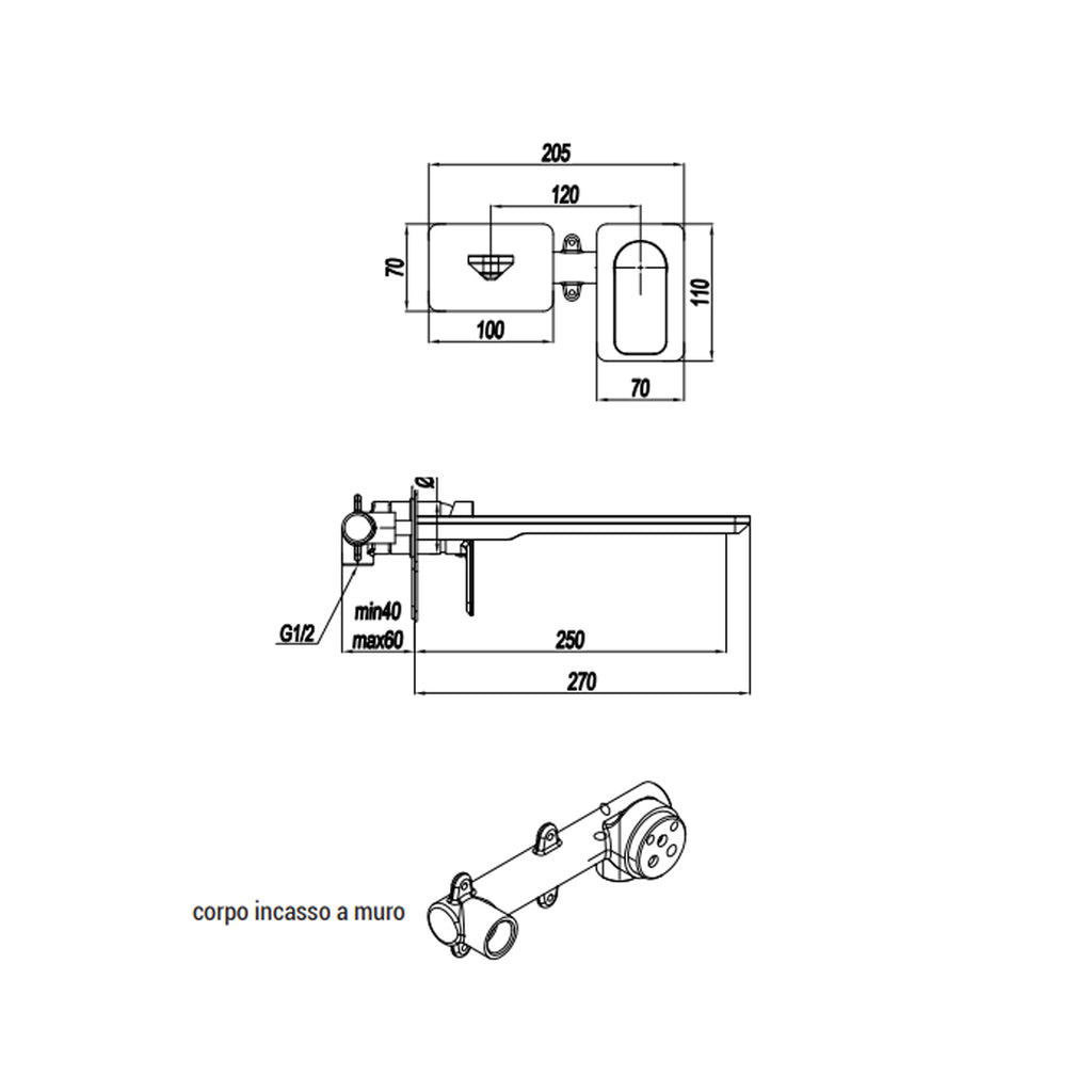 Miscelatore monocomando lavabo murale RubiFlux serie Azzurro canna 25 cm - Cromo