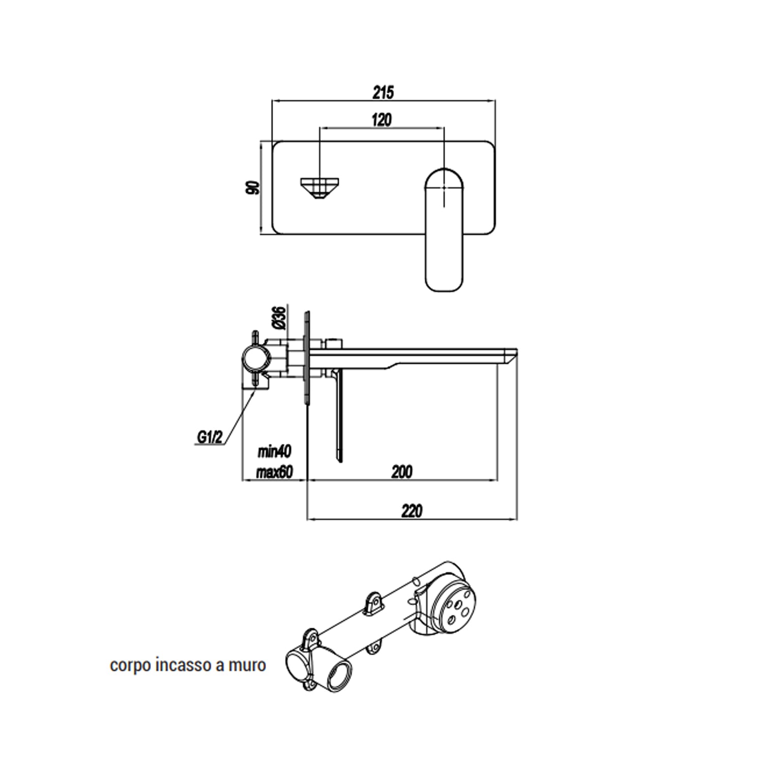 Miscelatore monocomando lavabo murale con piastra RubiFlux serie Azzurro canna 20 cm - Cromo