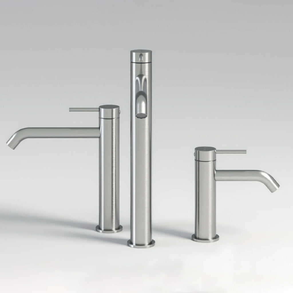 Miscelatore monocomando lavabo con bocca lunga RubiFlux serie Aria - Acciaio Satinato