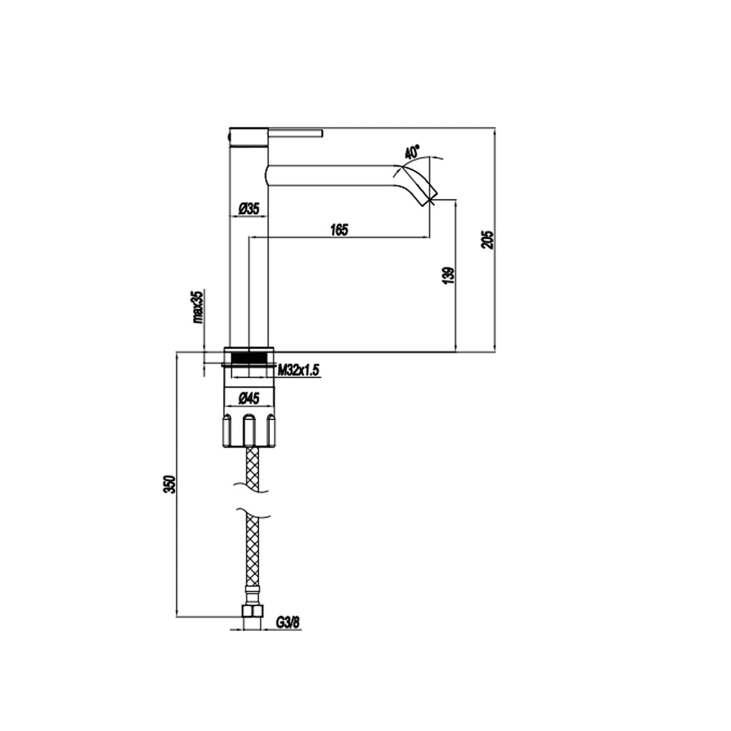 Miscelatore monocomando lavabo con bocca lunga RubiFlux serie Aria - Acciaio Satinato