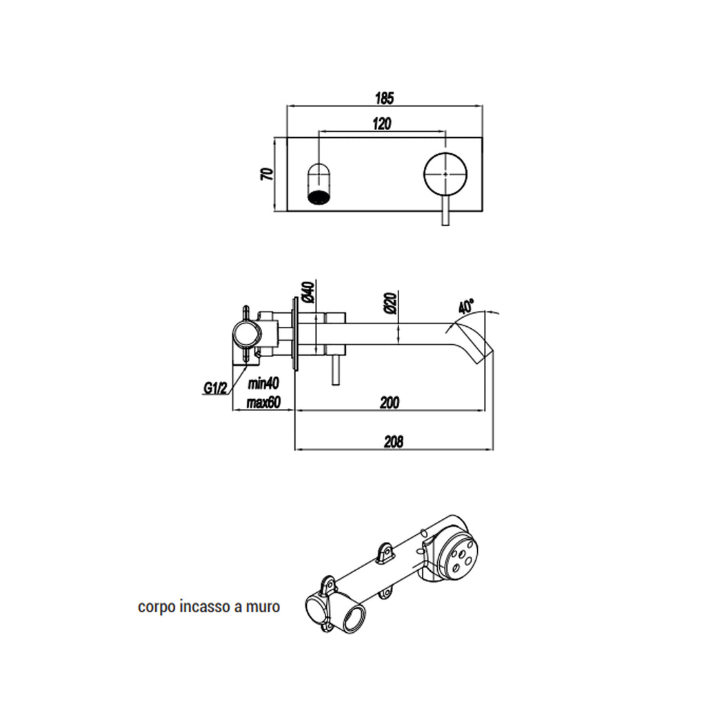 Miscelatore monocomando lavabo murale con piastra RubiFlux serie Aria canna 20 cm - Acciaio Satinato