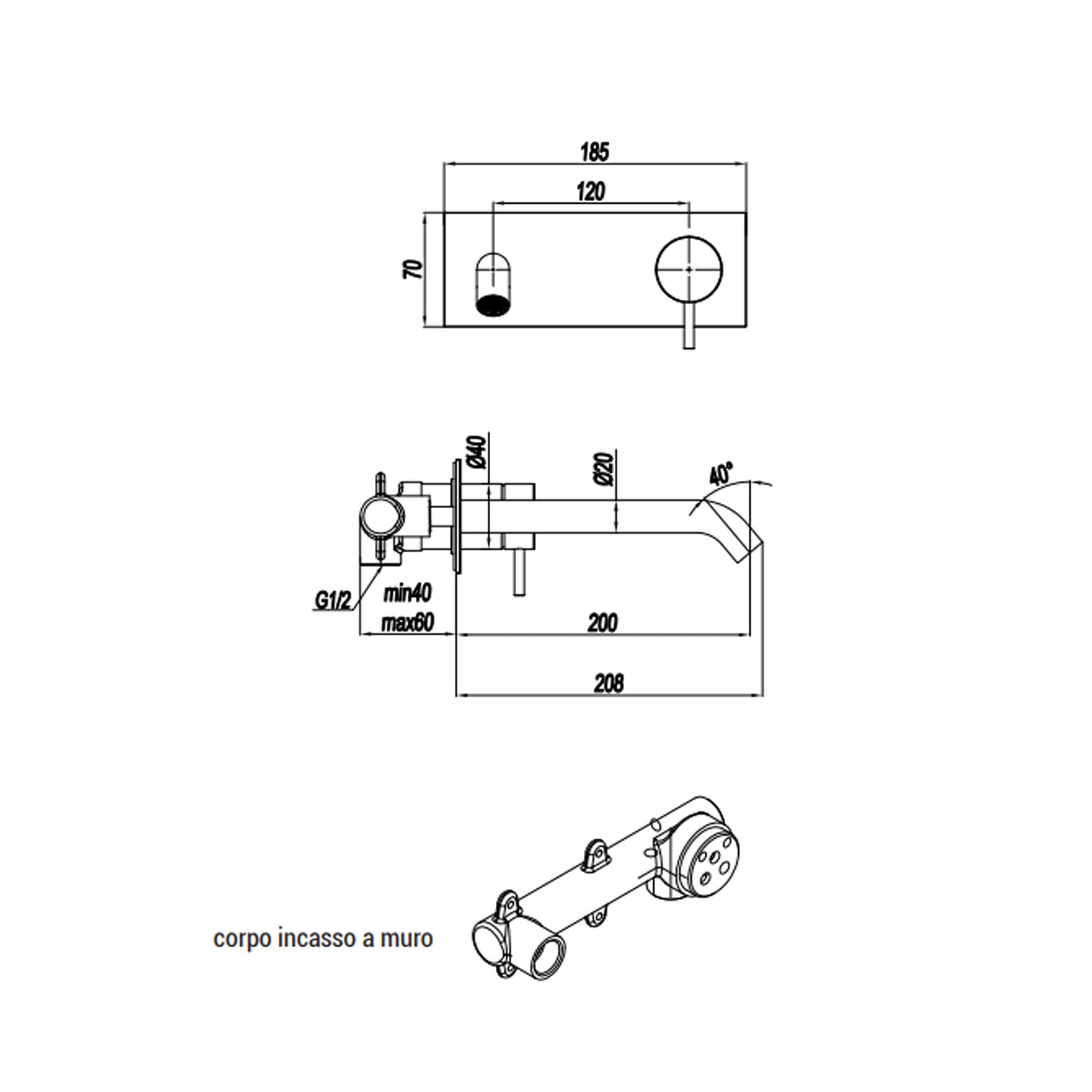 Miscelatore monocomando lavabo murale con piastra RubiFlux serie Aria canna 20 cm - Acciaio Satinato