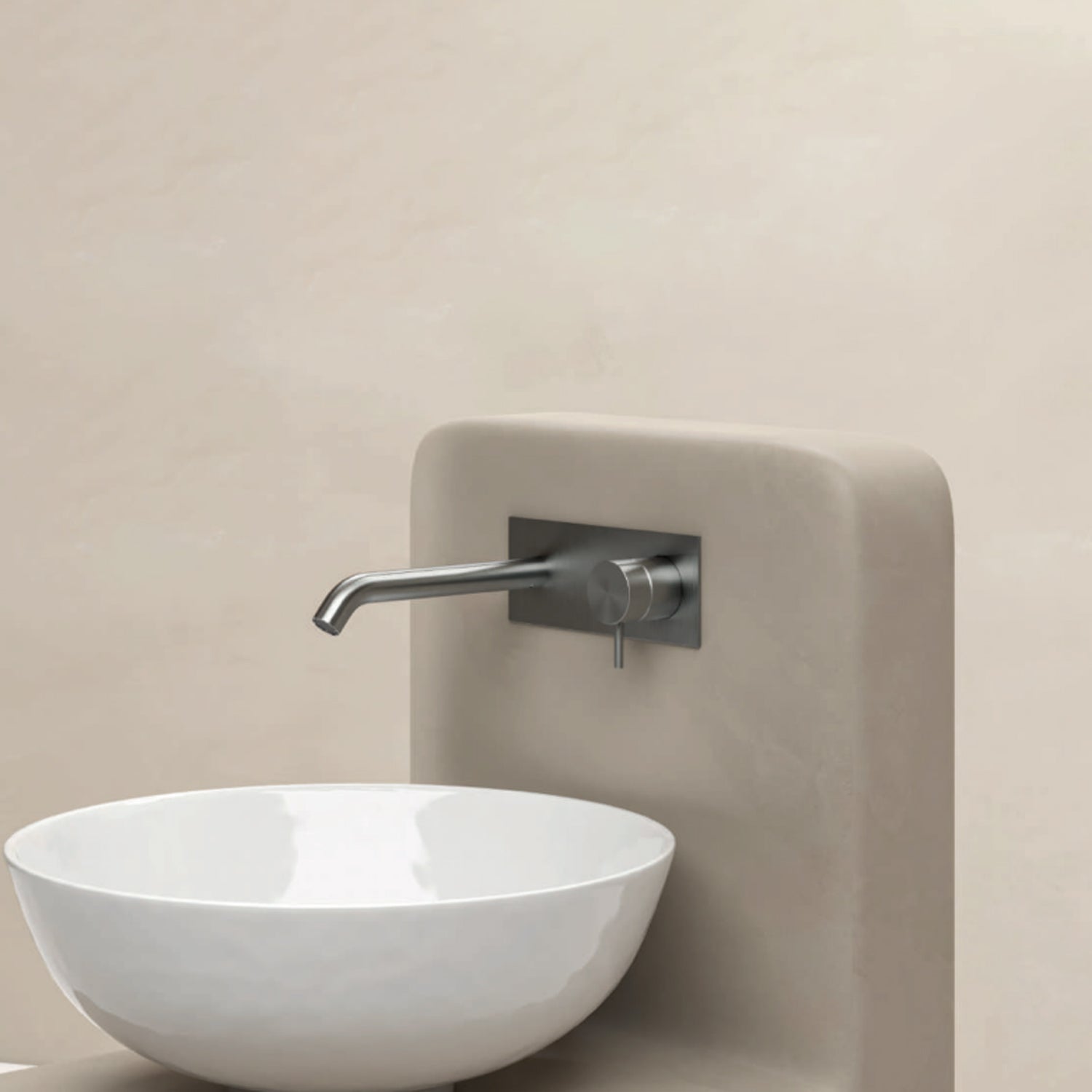 Miscelatore monocomando lavabo murale con piastra RubiFlux serie Aria canna 20 cm - Acciaio Satinato