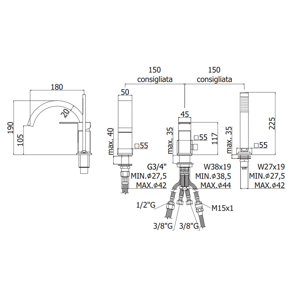 Miscelatore bordo vasca Paffoni Elle con set doccia e bocca di erogazione - Steel Looking